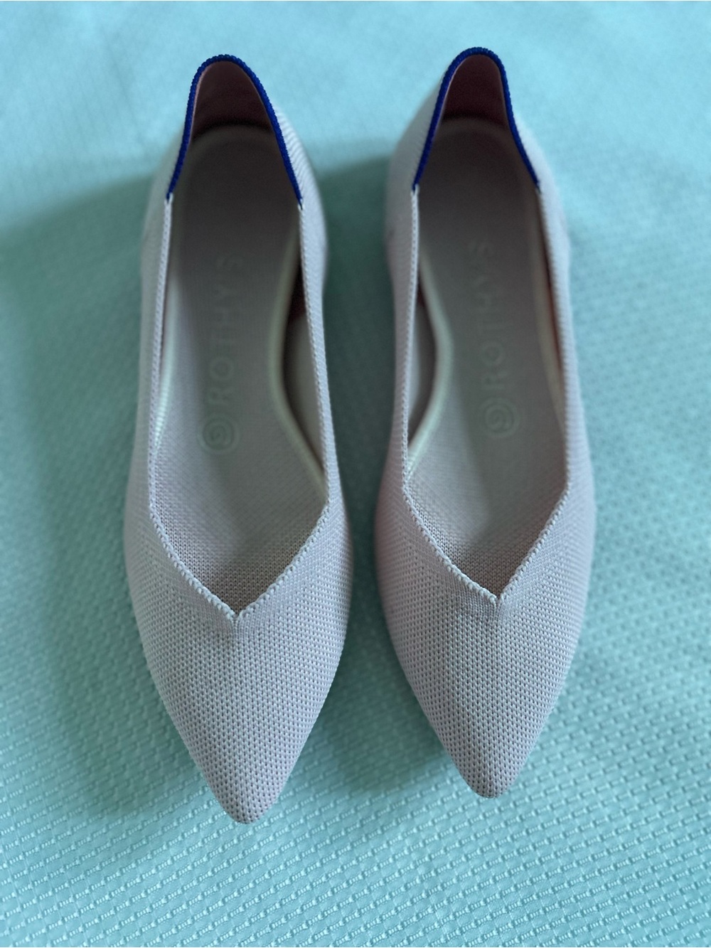 Rothy's Pointed Knit Flats in Light Gray with Blue Trim